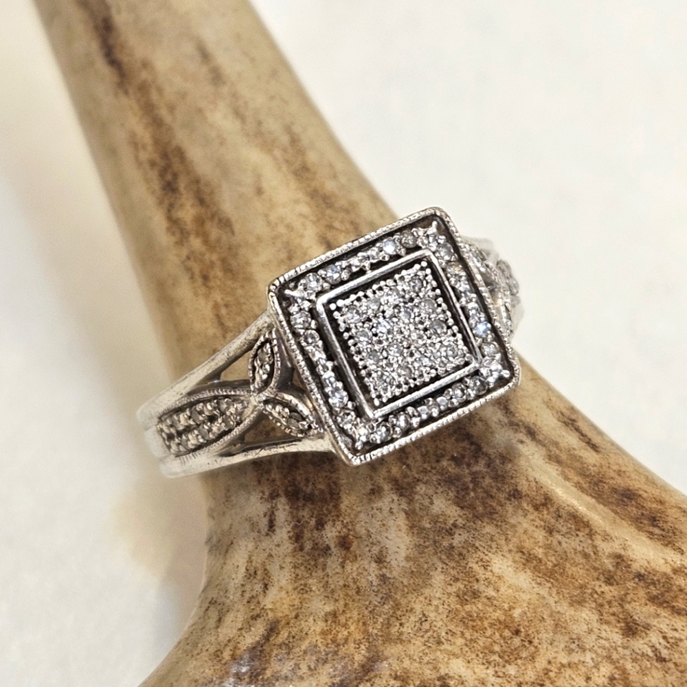 Sterling Silver Diamond Accent 925 Ring Size 7 US Square Vintage Style